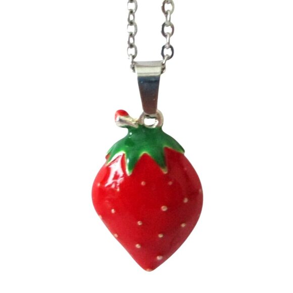 New Strawberry Pendant Necklace on 19" Chain - Red Berry Enamel Jewelry Gift - Picture 1 of 6